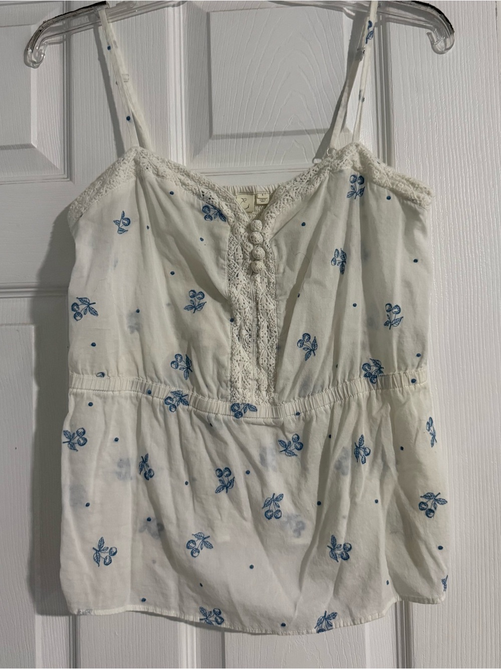Vintage Anthropology Elodie White Camisole with Blue Floral Embroidery